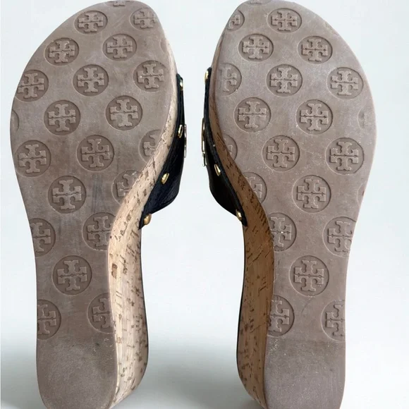 TORY BURCH Navy Leather Ines Cork Wedge Sandals - Gold Logo w/ shoe bag 9M - Picture 2 of 9